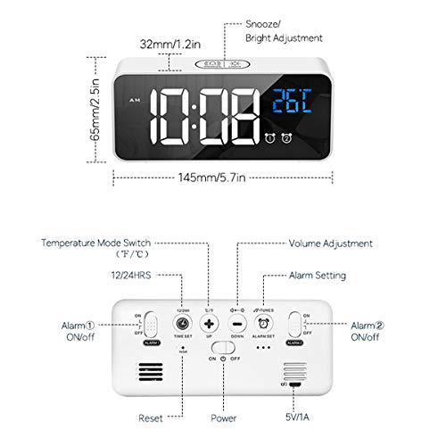 HOMVILLA Reloj Despertador Digital con Pantalla LED de Temperatura, Alarma de Espejo Portátil con Alarma Doble Tiempo de Repetición 4 Niveles de Brillo Regulable 13 Música Despertadores Digitales