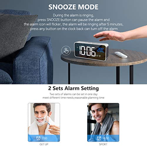 HOMVILLA Reloj Despertador Digital con Pantalla LED de Temperatura, Alarma de Espejo Portátil con Alarma Doble Tiempo de Repetición 4 Niveles de Brillo Regulable 13 Música Despertadores Digitales