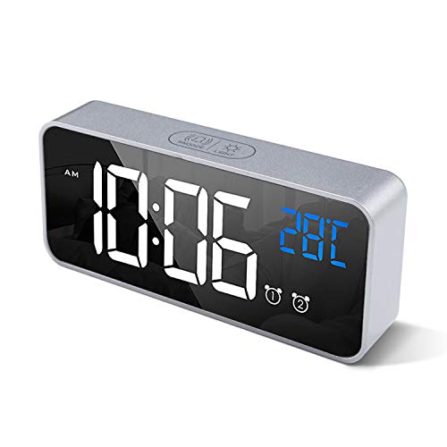 HOMVILLA Reloj Despertador Digital con Pantalla LED de Temperatura, Alarma de Espejo Portátil con Alarma Doble Tiempo de Repetición 4 Niveles de Brillo Regulable 13 Música Despertadores Digitales