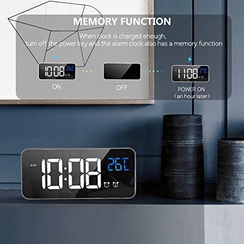 HOMVILLA Reloj Despertador Digital con Pantalla LED de Temperatura, Alarma de Espejo Portátil con Alarma Doble Tiempo de Repetición 4 Niveles de Brillo Regulable Dimmer 13 Música Puerto de Carga