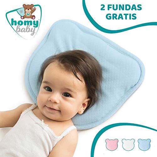 HOMYBABY Almohada Bebe | Cojin Plagiocefalia y 2 Fundas de Regalo 100% Algodón | Cojin Bebe con Diseño Ergonómico | Almohada Cuna Bebe