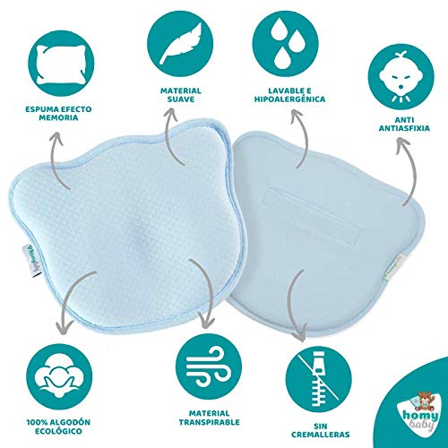 HOMYBABY Almohada Bebe | Cojin Plagiocefalia y 2 Fundas de Regalo 100% Algodón | Cojin Bebe con Diseño Ergonómico | Almohada Cuna Bebe