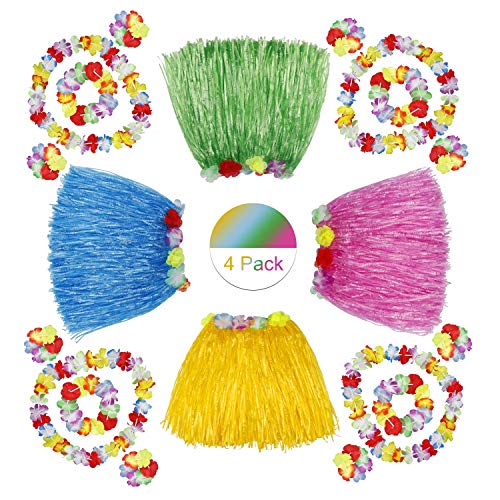 HONGXIN-SHOP Falda de Hierba Hawaiana con Elástica Flores Disfraces Guirnalda Diadema Pulsera Collar para Niñas Mujer Fiesta Hula Luau Accesorio 4 Sets