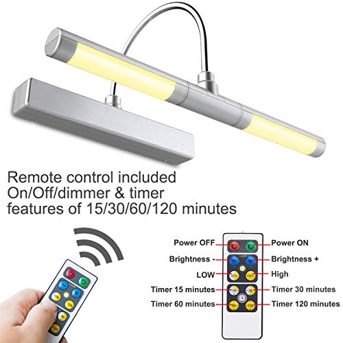 HONWELL Luz de Pintar Remota,Luz de Espejo,Aplique Pared Baño,Alimentada por Batería AA Luz de Pantalla,Brazo Oscilante de 180 ° Regulable Marco Luces Lámpara de Pared para Interior Pintar,Plateado