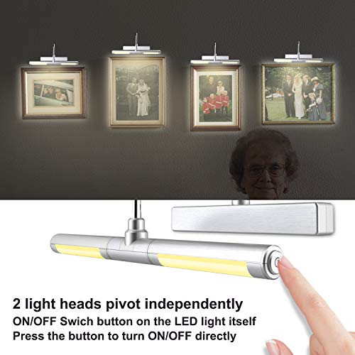 HONWELL Luz de Pintar Remota,Luz de Espejo,Aplique Pared Baño,Alimentada por Batería AA Luz de Pantalla,Brazo Oscilante de 180 ° Regulable Marco Luces Lámpara de Pared para Interior Pintar,Plateado
