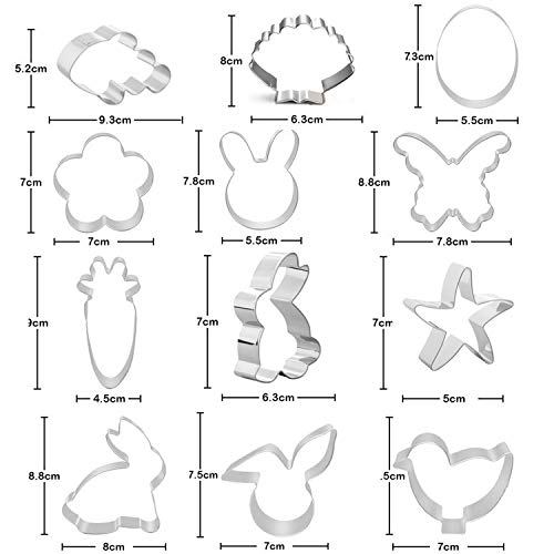 Hook 12 Galletas Moldes Pascua, Cortapastas Acero Inoxidable para Pastel, Cookie, Fondant, Polluelos, Conejos, Zanahorias, Mariposas, Huevos, Regalo Ideal de Pascua y Galletas de Pascua.