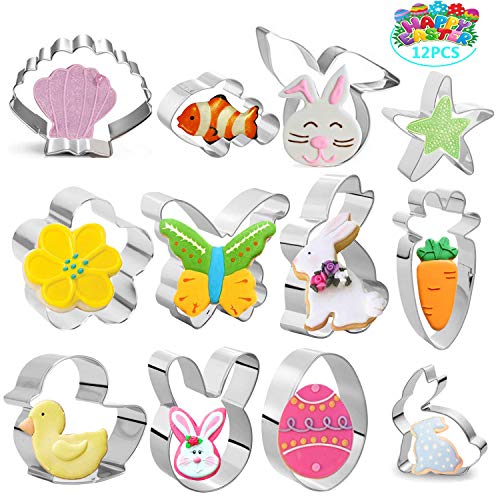 Hook 12 Galletas Moldes Pascua, Cortapastas Acero Inoxidable para Pastel, Cookie, Fondant, Polluelos, Conejos, Zanahorias, Mariposas, Huevos, Regalo Ideal de Pascua y Galletas de Pascua.