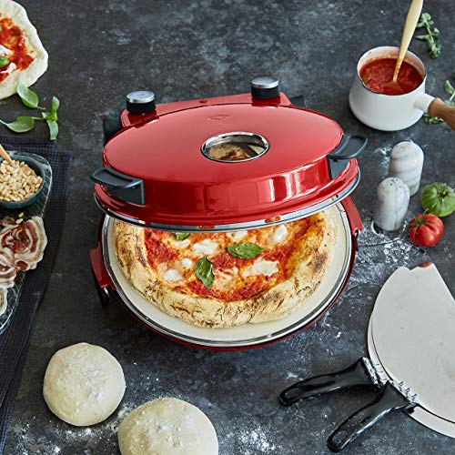 Horno para Pizzas Peppo, Máquina para preparar pizzas como al horno de piedra a 350 °C, temporizador e indicador luminoso, incluye 2 volteadores grandes de pizza - rojo