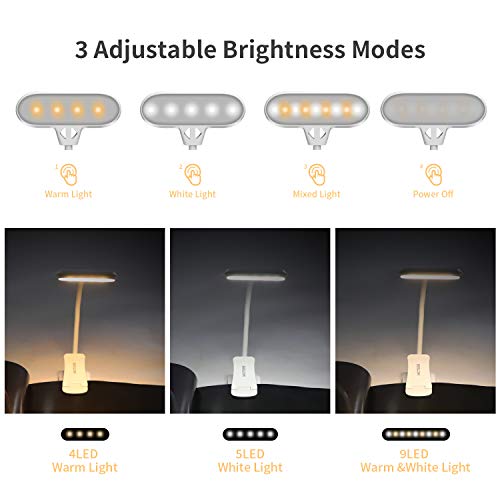 HOTERB - Luz de Lectura con Clip para Libros, 3 Brillos + 3 Colores, 9 Luces LED para Libros, luz para Libros Recargable con Interruptor táctil, luz cálida para Lectura Nocturna en la Cama
