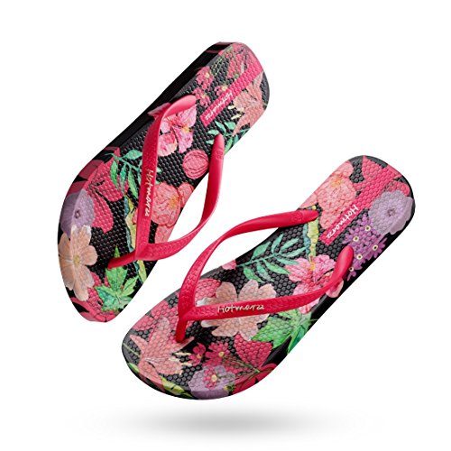 Hotmarzz Mujer Chanclas Flores Frutas Patrón de Colores Zapatillas Sandalias de Playa tamaño 38 EU, Flor, Negro