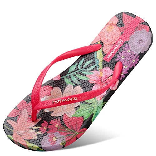 Hotmarzz Mujer Chanclas Flores Frutas Patrón de Colores Zapatillas Sandalias de Playa tamaño 38 EU, Flor, Negro
