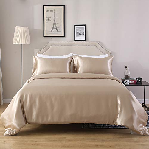 HOTNIU 3PCS Juego de Funda de Edredón de Seda Satinado - Juego de Ropa de Cama de Satén Microfibra - Funda Nórdica de Cremallera 200 * 200 cm con 2 Fundas de Almohada 50 * 75cm, Golden