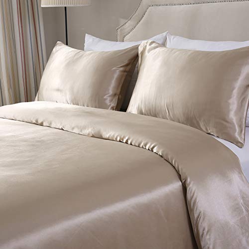 HOTNIU 3PCS Juego de Funda de Edredón de Seda Satinado - Juego de Ropa de Cama de Satén Microfibra - Funda Nórdica de Cremallera 200 * 200 cm con 2 Fundas de Almohada 50 * 75cm, Golden