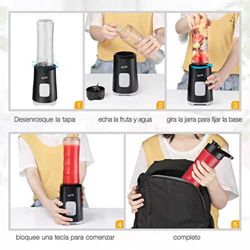 Housmile Batidora de Vaso Individual con Vasos de Viaje y Deporte para Zumos, Fruta y Verdura, 500W Color-Negro
