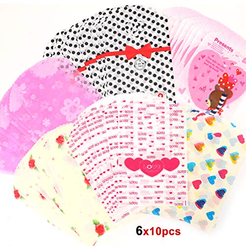 HOWAF 60pcs Pequeño Linda Regalo Fiesta Bolsas de Plástico para Dulces Bueno Caramelos Bodas San Valentín, Amor Corazón Flores Bolsas Idea para Chuches Galletas Niños Cumpleaños Baby Shower Navidad