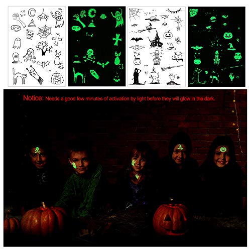 HOWAF Halloween Tatuajes Temporales para Niños (150 pzas), Brillantes en la Oscuridad Día de los Muertos cráneo Tatuajes Pegatinas para Halloween Infantiles Fiesta de cumpleaños Regalo