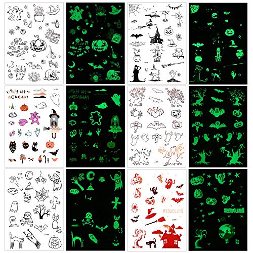 HOWAF Halloween Tatuajes Temporales para Niños (150 pzas), Brillantes en la Oscuridad Día de los Muertos cráneo Tatuajes Pegatinas para Halloween Infantiles Fiesta de cumpleaños Regalo