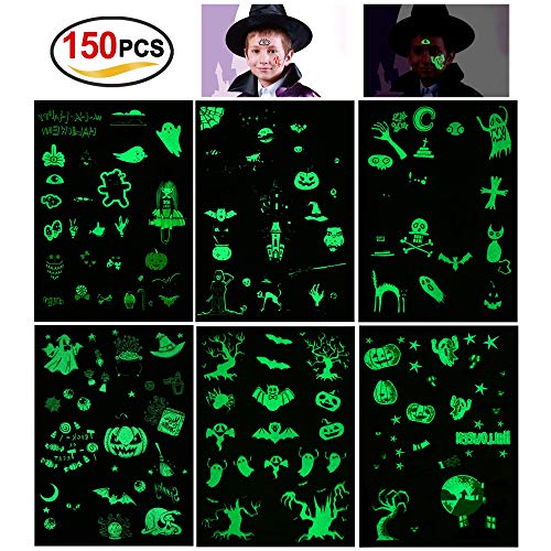 HOWAF Halloween Tatuajes Temporales para Niños (150 pzas), Brillantes en la Oscuridad Día de los Muertos cráneo Tatuajes Pegatinas para Halloween Infantiles Fiesta de cumpleaños Regalo