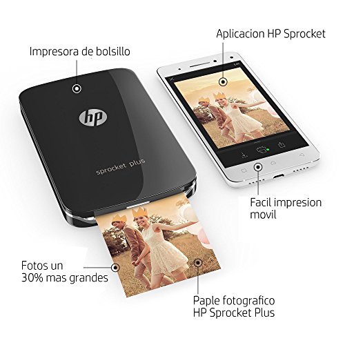 HP 200874 Sprocket Plus - Impresora fotográfica portátil (tecnología de impresión Zink, Bluetooth, fotos 5.8 x 8.6 cm), negro