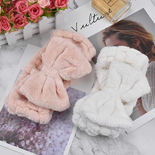 HQdeal 3 Pcs Diademas Mujer, Diademas de Bowknot, Elástico Banda para el Cabello,Pelo Bandas Coral Felpa, Accesorios Para El Cabello para Maquillaje Lavado Facial Ducha, Marrón Rosa Blanco