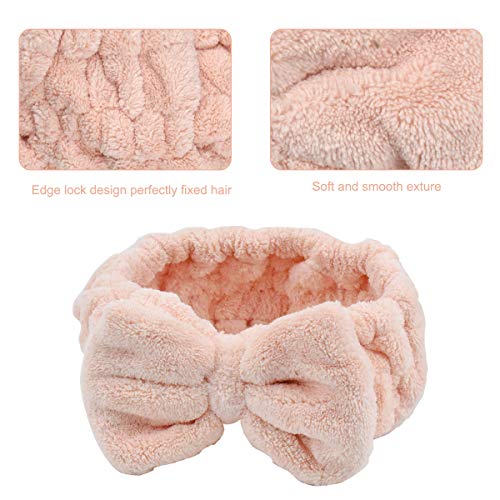 HQdeal 3 Pcs Diademas Mujer, Diademas de Bowknot, Elástico Banda para el Cabello,Pelo Bandas Coral Felpa, Accesorios Para El Cabello para Maquillaje Lavado Facial Ducha, Marrón Rosa Blanco