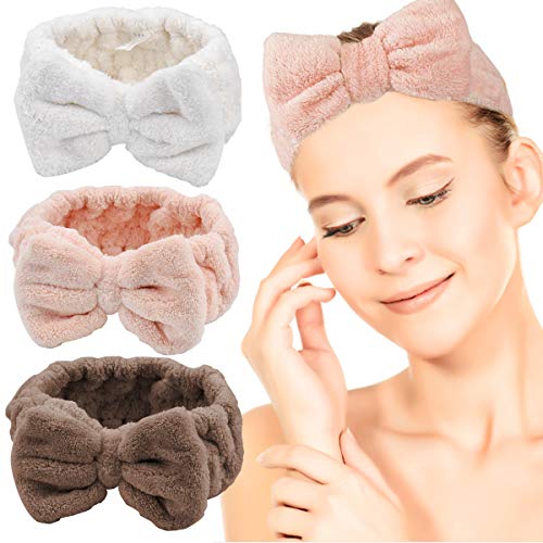 HQdeal 3 Pcs Diademas Mujer, Diademas de Bowknot, Elástico Banda para el Cabello,Pelo Bandas Coral Felpa, Accesorios Para El Cabello para Maquillaje Lavado Facial Ducha, Marrón Rosa Blanco