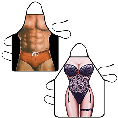 HR-International 2 Piezas Impermeable Sexy Novedad Divertida Unisex Anti-incrustantes Cocina Delantal Cocina Barbacoa Fiesta Delantal Regalo para Mujeres Hombres