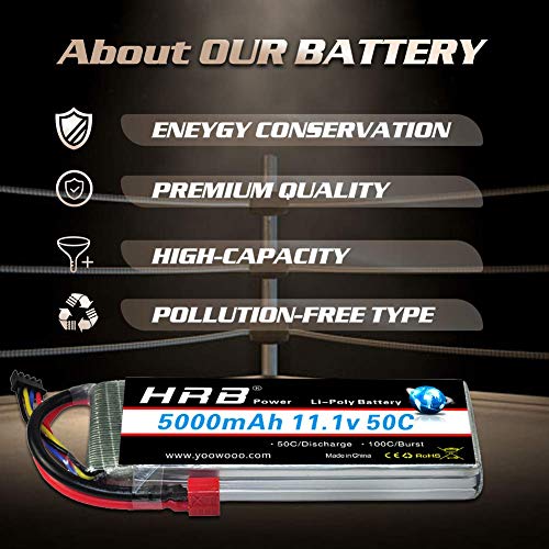 HRB 2 Paquetes 11.1V 5000mAh 3S 50C Lipo RC Batería con Deans T Conector para Traxxas RC Cars Slash vxl Slash 4x4 vxl E-maxx Brushless Axial e-revo Brushless y Spartan Models