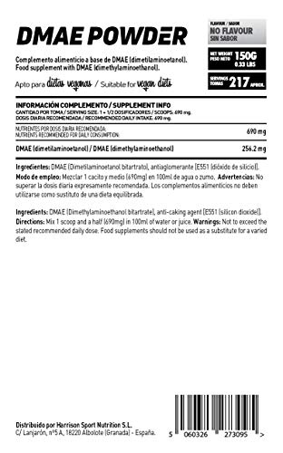 HSN Raw DMAE en polvo Suplemento para Estudiar, Potencia la Capacidad Cognitiva, Concentración, Aprendizaje | Vegano, Sin Gluten, Sin Lactosa, 150gr