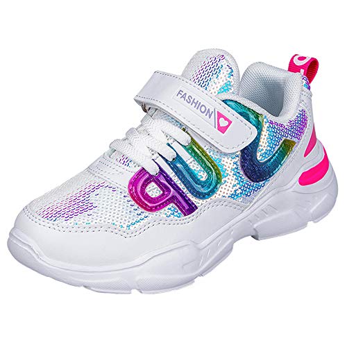 HSNA Zapatillas con Lentejuelas Niña Zapatos de Gimnasia para Caminar Ligero Trainers Kids(a01 Blanco 34 EU)