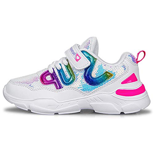 HSNA Zapatillas con Lentejuelas Niña Zapatos de Gimnasia para Caminar Ligero Trainers Kids(a01 Blanco 34 EU)