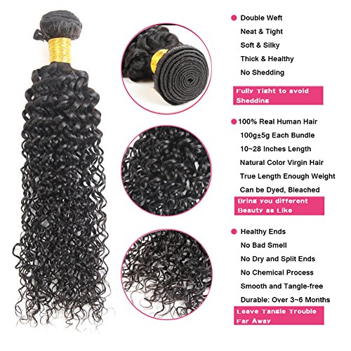 Huarisi Curly Brazilian Weave with Closure 3 Bundles Real Hair Extensions Curly 4 x 4 Lace Closure Free Part Natural Black Color Hair Weft 20 22 24 + 18 inches