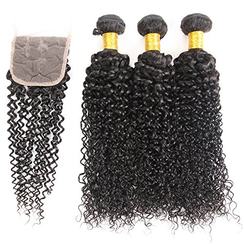 Huarisi Curly Brazilian Weave with Closure 3 Bundles Real Hair Extensions Curly 4 x 4 Lace Closure Free Part Natural Black Color Hair Weft 20 22 24 + 18 inches