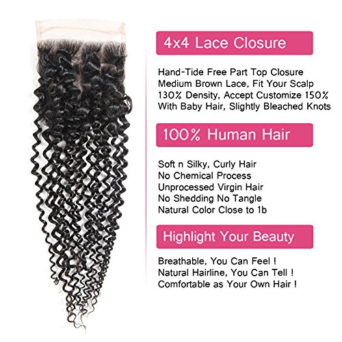 Huarisi Curly Brazilian Weave with Closure 3 Bundles Real Hair Extensions Curly 4 x 4 Lace Closure Free Part Natural Black Color Hair Weft 20 22 24 + 18 inches