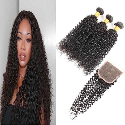 Huarisi Curly Brazilian Weave with Closure 3 Bundles Real Hair Extensions Curly 4 x 4 Lace Closure Free Part Natural Black Color Hair Weft 20 22 24 + 18 inches