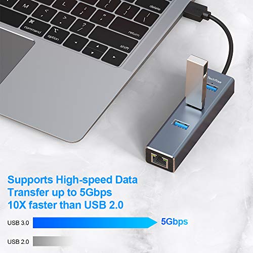 Hub USB 3.0, TechRise Hub Usb 3.0 alimentacion externa de 3 puertos con adaptador Gigabit Ethernet RJ45 Convertidor de red con cable LAN Compatible para portátiles, tabletas y más dispositivos USB