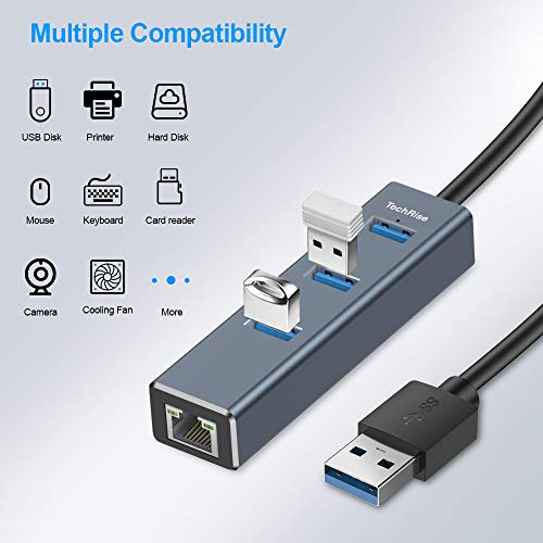 Hub USB 3.0, TechRise Hub Usb 3.0 alimentacion externa de 3 puertos con adaptador Gigabit Ethernet RJ45 Convertidor de red con cable LAN Compatible para portátiles, tabletas y más dispositivos USB