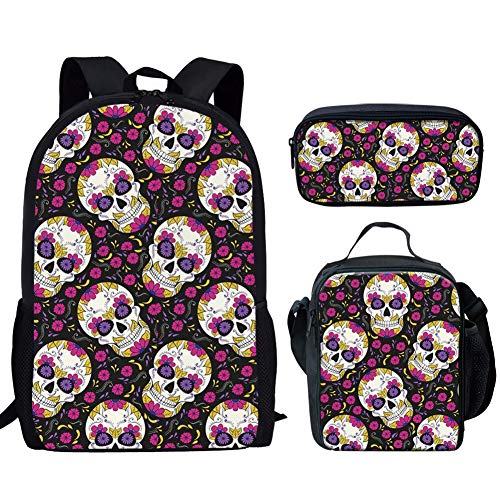 HUGS IDEA - Mochila de 15 pulgadas para niños y niñas Calavera de azúcar 15 inch (3PCS Set)
