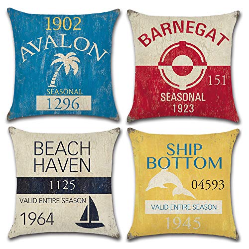 HuifengS Fundas de cojín cuadradas de Lino para sofás o Camas, Estilo Marinero, Estilo Retro, Juego de 4 Fundas de cojín, 45 x 45 cm