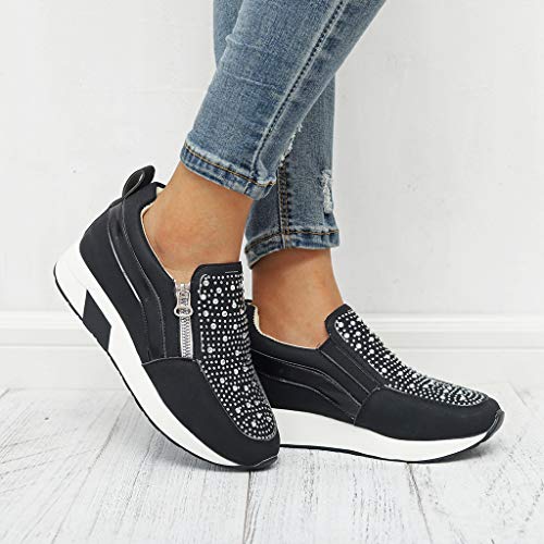 HULKY Zapatos Deportivos Plataforma Mujer, Zapatillas Brillantes Calzado con Cremallera Plano Calzado Running Andar Casual Fiesta CláSico Comodos (Negro,40.5)