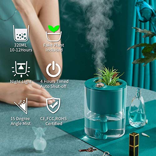 Humidificador Cool Mist - Mini humidificadores pequeños de 320 ml para dormitorio, hogar, oficina, bebé, hotel, escritorio, con maceta de flores y plantas falsas, ultra silencioso, apagado automático