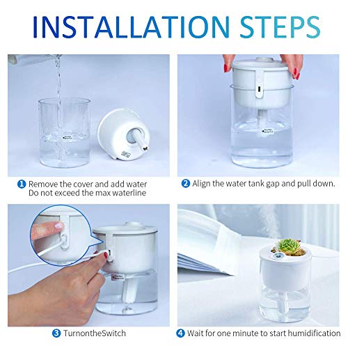 Humidificador Cool Mist - Mini humidificadores pequeños de 320 ml para dormitorio, hogar, oficina, bebé, hotel, escritorio, con maceta de flores y plantas falsas, ultra silencioso, apagado automático