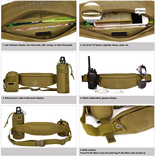 Huntvp Riñonera Táctica Mochila Deportiva Militar Bolso Cinturon Impermeable para Senderismo Ciclismo Camping Caza, Negro/Marrón