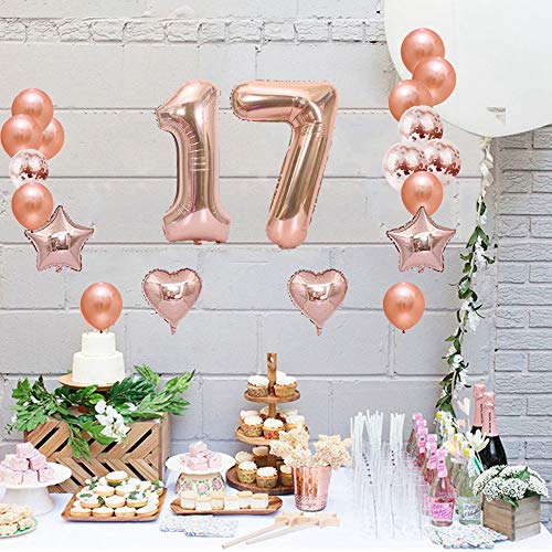 Huture 17 Suministros de Fiesta Cumpleaños Globo Oro Rosa Número 17 Estrella Del Corazón Globo Aluminio 17 Años Happy Birthday Banner Globos Kit Globo de Confeti Metálico Látex Regalo para Chicas