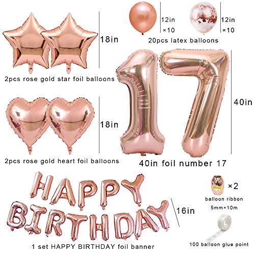Huture 17 Suministros de Fiesta Cumpleaños Globo Oro Rosa Número 17 Estrella Del Corazón Globo Aluminio 17 Años Happy Birthday Banner Globos Kit Globo de Confeti Metálico Látex Regalo para Chicas