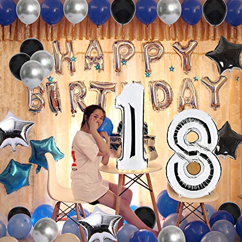 Huture 18 Suministros de Fiesta Cumpleaños Globo Plata Número 18 Estrella Del Corazón Globo de Aluminio 18 Años Happy Birthday Kit de Globos Banner Azul Negro Globo de Látex Regalo para Chicas Chicos
