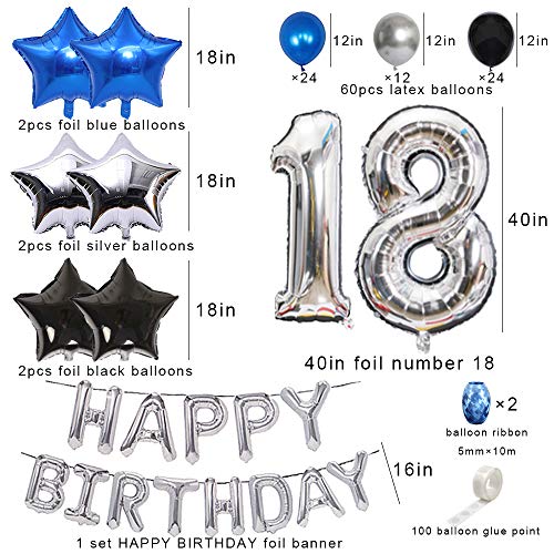 Huture 18 Suministros de Fiesta Cumpleaños Globo Plata Número 18 Estrella Del Corazón Globo de Aluminio 18 Años Happy Birthday Kit de Globos Banner Azul Negro Globo de Látex Regalo para Chicas Chicos