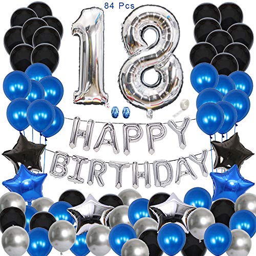 Huture 18 Suministros de Fiesta Cumpleaños Globo Plata Número 18 Estrella Del Corazón Globo de Aluminio 18 Años Happy Birthday Kit de Globos Banner Azul Negro Globo de Látex Regalo para Chicas Chicos