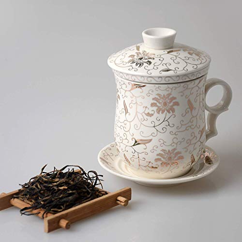 HwaGui té de hoja suelta de porcelana taza de cerámica con tapa, infusor y platillo, té fácil de hacer, gran regalo para amantes del té (400 ml / 14 oz)