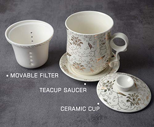 HwaGui té de hoja suelta de porcelana taza de cerámica con tapa, infusor y platillo, té fácil de hacer, gran regalo para amantes del té (400 ml / 14 oz)